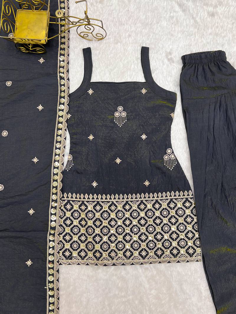 Grey vichitra silk embroidered kurta with farshi shalwar & dupatta set