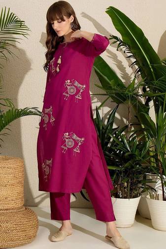 Women Ethnic Motifs Embroidered Regular Thread Work Pure Cotton Kurta with Trousers