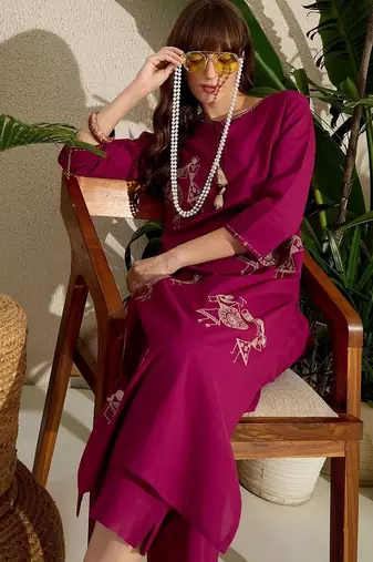 Women Ethnic Motifs Embroidered Regular Thread Work Pure Cotton Kurta with Trousers