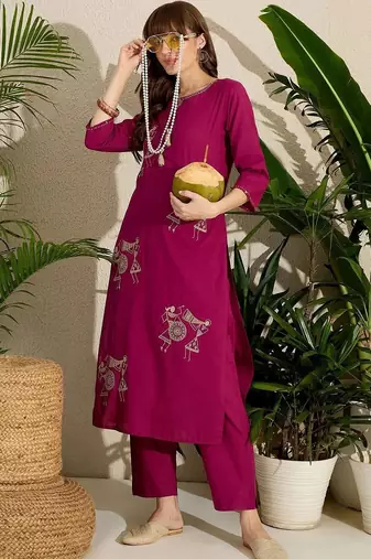 Women Ethnic Motifs Embroidered Regular Thread Work Pure Cotton Kurta with Trousers
