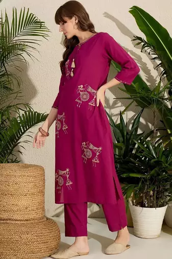 Women Ethnic Motifs Embroidered Regular Thread Work Pure Cotton Kurta with Trousers