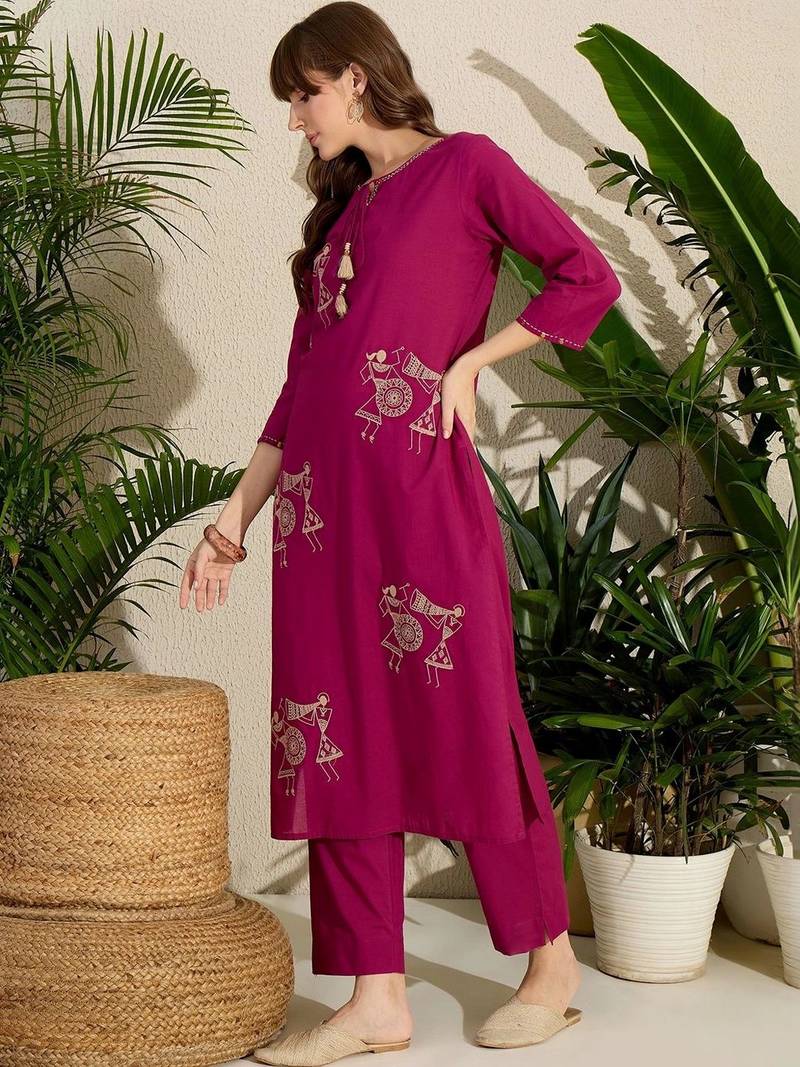 Women Ethnic Motifs Embroidered Regular Thread Work Pure Cotton Kurta with Trousers