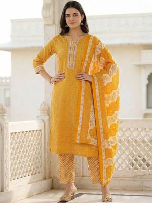Women Ethnic Motifs Printed Regular Thread Work Pure Cotton Kurta with Trousers & With Dupatta 1