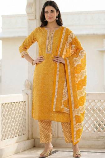Women Ethnic Motifs Printed Regular Thread Work Pure Cotton Kurta with Trousers & With Dupatta