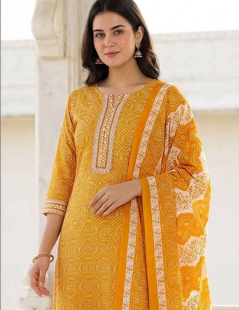 Women Ethnic Motifs Printed Regular Thread Work Pure Cotton Kurta with Trousers & With Dupatta