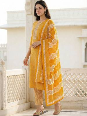 Women Ethnic Motifs Printed Regular Thread Work Pure Cotton Kurta with Trousers & With Dupatta 3