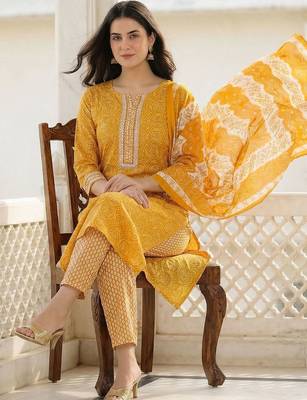 Women Ethnic Motifs Printed Regular Thread Work Pure Cotton Kurta with Trousers & With Dupatta 5
