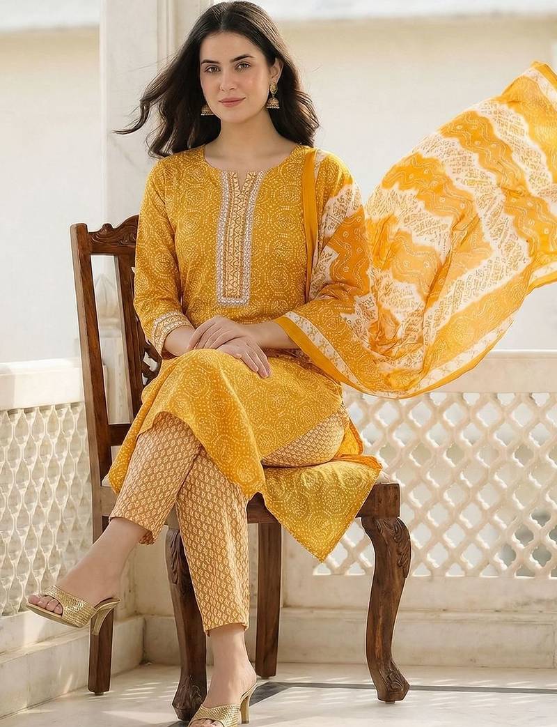 Women Ethnic Motifs Printed Regular Thread Work Pure Cotton Kurta with Trousers & With Dupatta