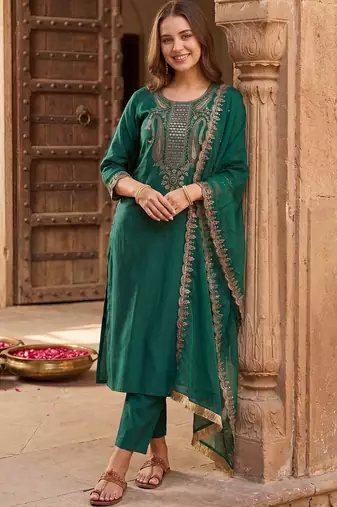 Women Ethnic Motifs Embroidered Regular Thread Work Liva Kurta with Trousers & With Dupatta