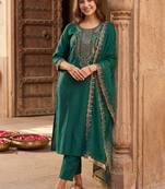 Women Ethnic Motifs Embroidered Regular Thread Work Liva Kurta with Trousers & With Dupatta