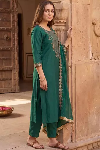 Women Ethnic Motifs Embroidered Regular Thread Work Liva Kurta with Trousers & With Dupatta