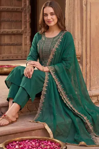 Women Ethnic Motifs Embroidered Regular Thread Work Liva Kurta with Trousers & With Dupatta
