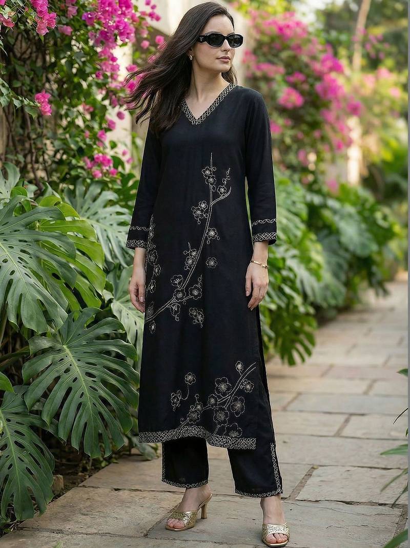 Women Floral Embroidered Regular Thread Work Kurta with Trousers