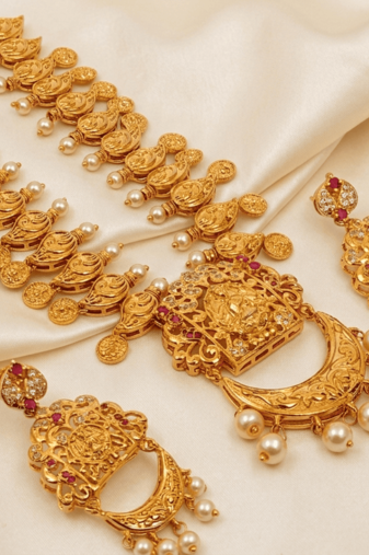 Gold plated temple jewellery with rubies