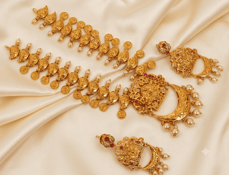 Gold plated temple jewellery with rubies
