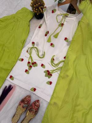 Women's white embroidered kurta with lime green palazzo & chiffon dupatta set 4