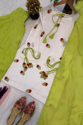 Women's white embroidered kurta with lime green palazzo & chiffon dupatta set
