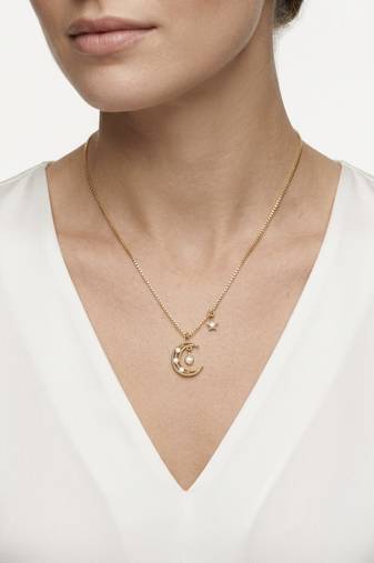 925 Sterling Silver Gold CZ Crescent Moon & Star Pendant Necklace Set  for Women