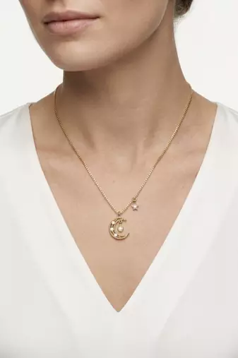 925 Sterling Silver Gold CZ Crescent Moon & Star Pendant Necklace Set  for Women