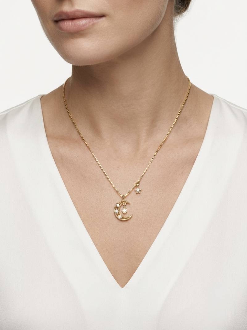 925 Sterling Silver Gold CZ Crescent Moon & Star Pendant Necklace Set  for Women