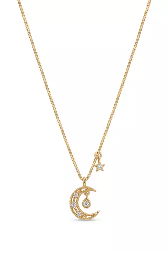 925 Sterling Silver Gold CZ Crescent Moon & Star Pendant Necklace Set  for Women