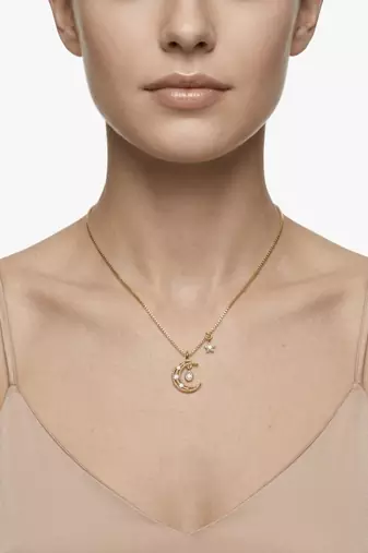 925 Sterling Silver Gold CZ Crescent Moon & Star Pendant Necklace Set  for Women