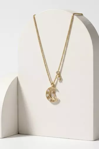 925 Sterling Silver Gold CZ Crescent Moon & Star Pendant Necklace Set  for Women