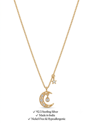 925 Sterling Silver Gold CZ Crescent Moon & Star Pendant Necklace Set  for Women 5