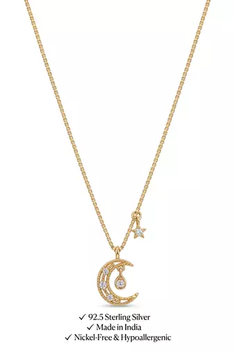 925 Sterling Silver Gold CZ Crescent Moon & Star Pendant Necklace Set  for Women
