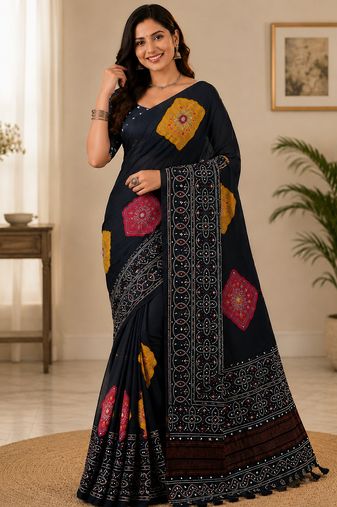 black color Ajarakh print with Real mirror work and Latkan Satin saree