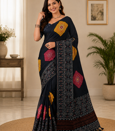 black color Ajarakh print with Real mirror work and Latkan Satin saree