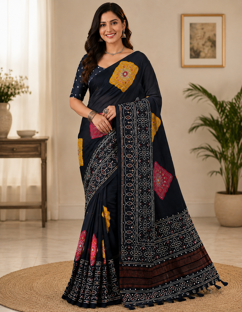 black color Ajarakh print with Real mirror work and Latkan Satin saree