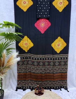 black color Ajarakh print with Real mirror work and Latkan Satin saree 3