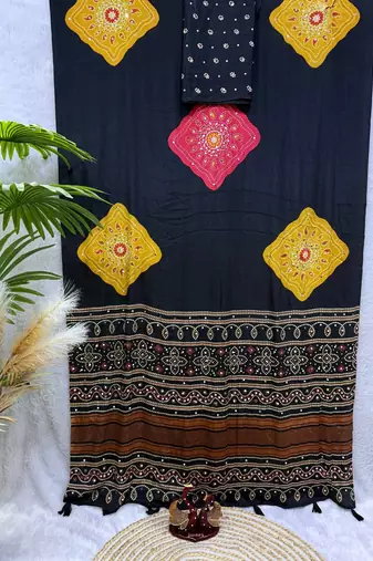 black color Ajarakh print with Real mirror work and Latkan Satin saree