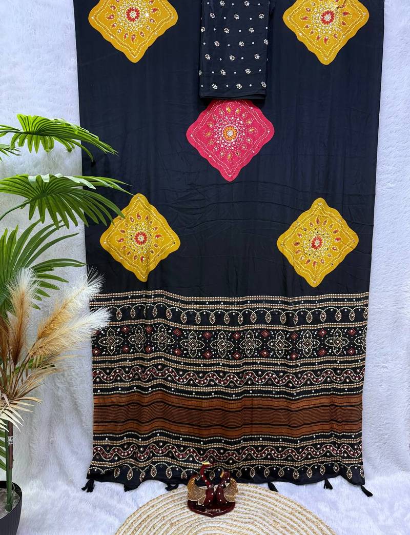 black color Ajarakh print with Real mirror work and Latkan Satin saree