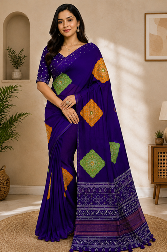Purple color Ajarakh print with Real mirror work and Latkan Satin saree