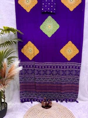Purple color Ajarakh print with Real mirror work and Latkan Satin saree 2