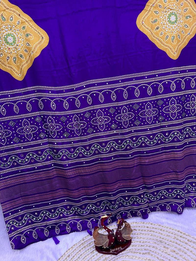 Purple color Ajarakh print with Real mirror work and Latkan Satin saree