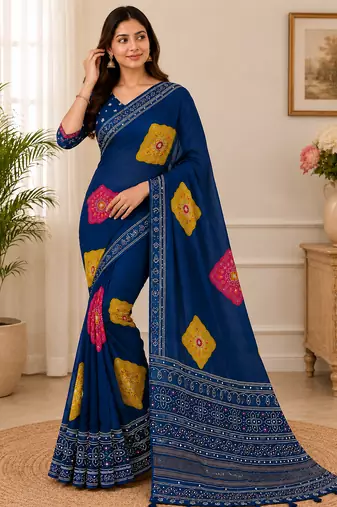 navy blue color Ajarakh print with Real mirror work and Latkan Satin saree