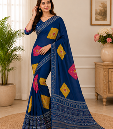 navy blue color Ajarakh print with Real mirror work and Latkan Satin saree