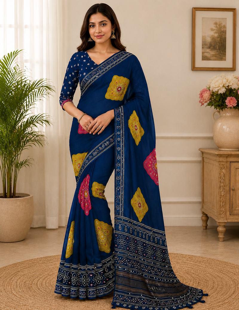 navy blue color Ajarakh print with Real mirror work and Latkan Satin saree