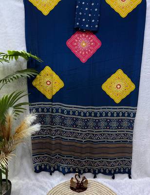 navy blue color Ajarakh print with Real mirror work and Latkan Satin saree 3