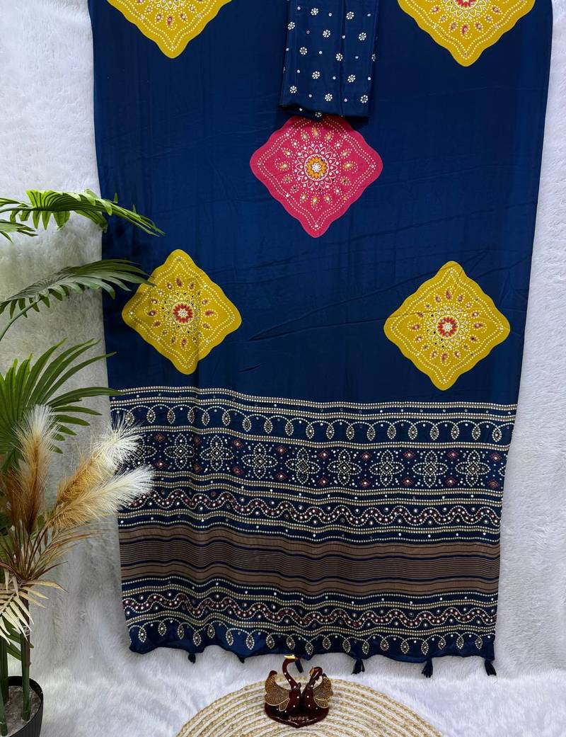 navy blue color Ajarakh print with Real mirror work and Latkan Satin saree
