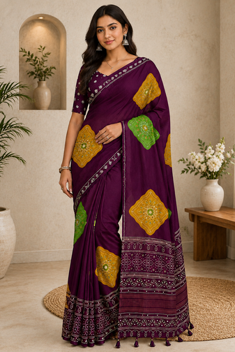 wine color Ajarakh print with Real mirror work and Latkan Satin saree