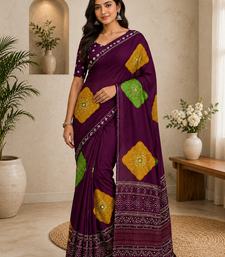 wine color Ajarakh print with Real mirror work and Latkan Satin saree