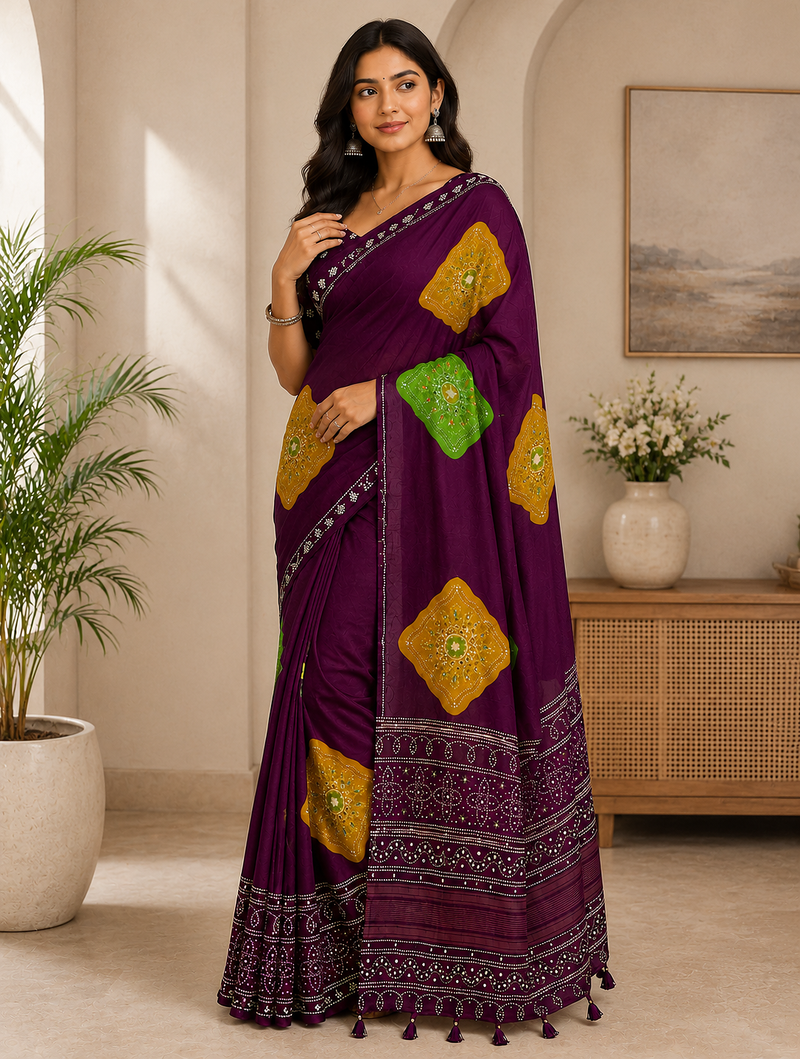 wine color Ajarakh print with Real mirror work and Latkan Satin saree