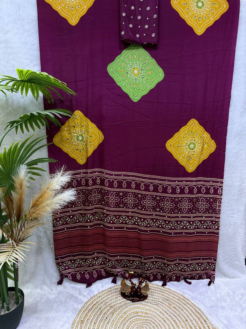 wine color Ajarakh print with Real mirror work and Latkan Satin saree