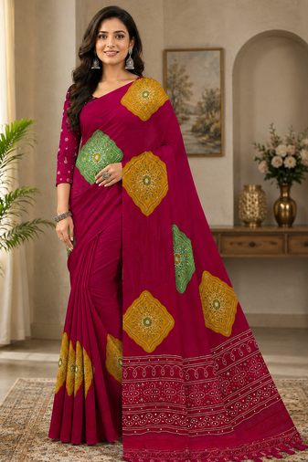 Red color Ajarakh print with Real mirror work and Latkan Satin saree