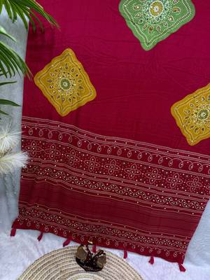 Red color Ajarakh print with Real mirror work and Latkan Satin saree 2
