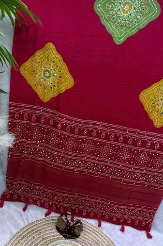 Red color Ajarakh print with Real mirror work and Latkan Satin saree